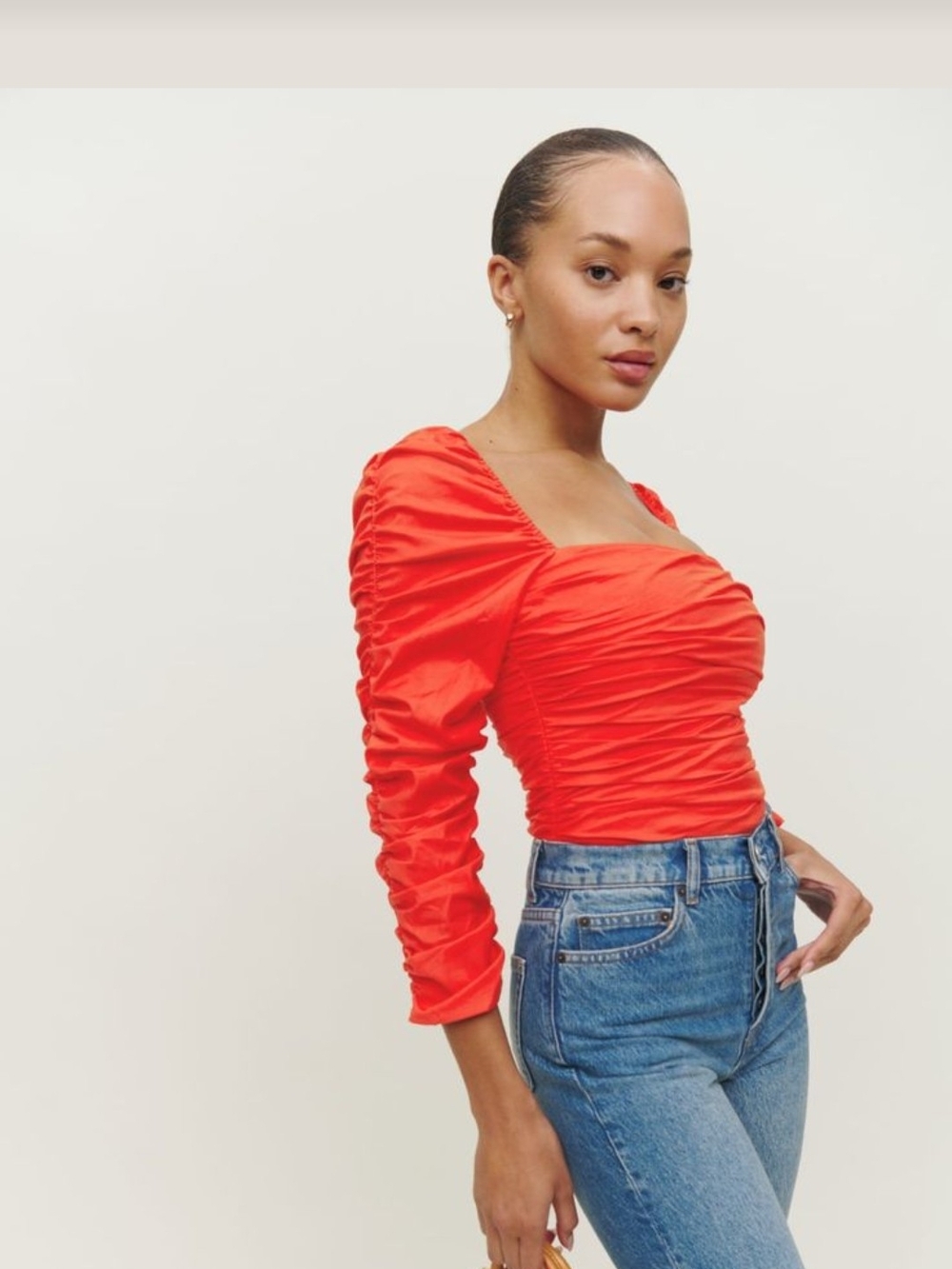 Reformation Ruched Square-Neck Long Sleeve Joi Top in Vibrant Paprika